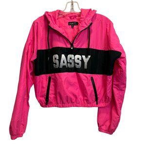 Rue21 Pink "Sassy" Windbreaker Jacket M Cropped Barbiecore Retro Hoodie Zip Pock